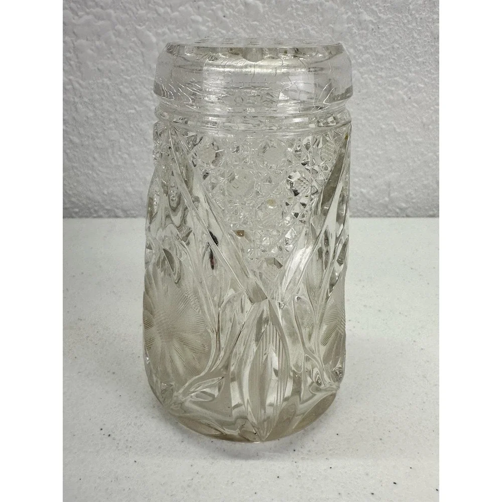 Antique McKee Innovation Glass Sugar Shaker Cork Bottom Floral Pressed Glass